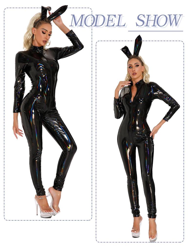 [Maeau] Full Body Tights Bodysuit Leather Glossy Catsuit Women's Cosplay Adult Costume Underwear Bondage Cutout Party Halloween Sexy Leotard #Bodysuit