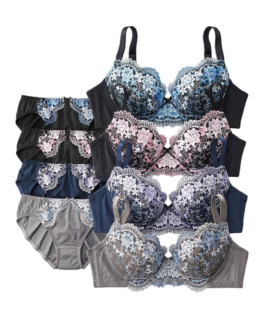 Nissen Floral Embroidered Bra and Panty Size Dark Color Women's 4-Piece Set, D75/L,