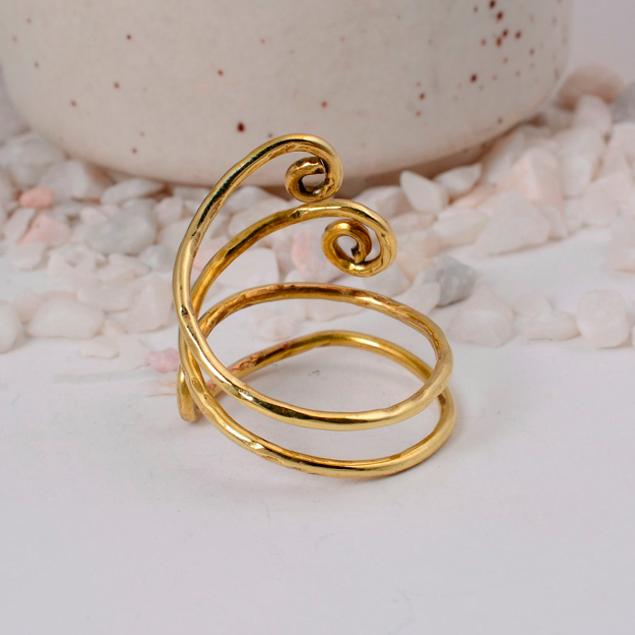 Wide Double-Coil Gold Spiral Ring: Bold, adjustable wire wrap jewelry with opposing scroll ends, perfect as a statement thumb or toe ring.