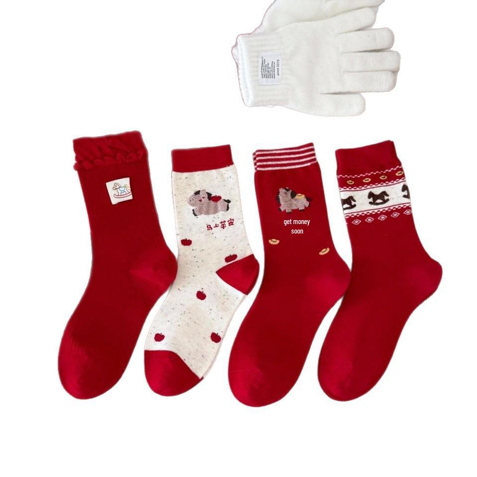2026 Year of the Horse Women's Thick Red Cotton Socks - Cute Zodiac Mid-Calf for Autumn/Winter