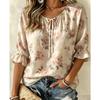 Women's Vintage Burgundy Rose Tie Neck Blouse Ruffle 3/4 Sleeve Relaxed Fit Daily Office Dating Shirt