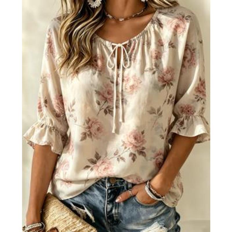Women's Vintage Burgundy Rose Tie Neck Blouse Ruffle 3/4 Sleeve Relaxed Fit Daily Office Dating Shirt