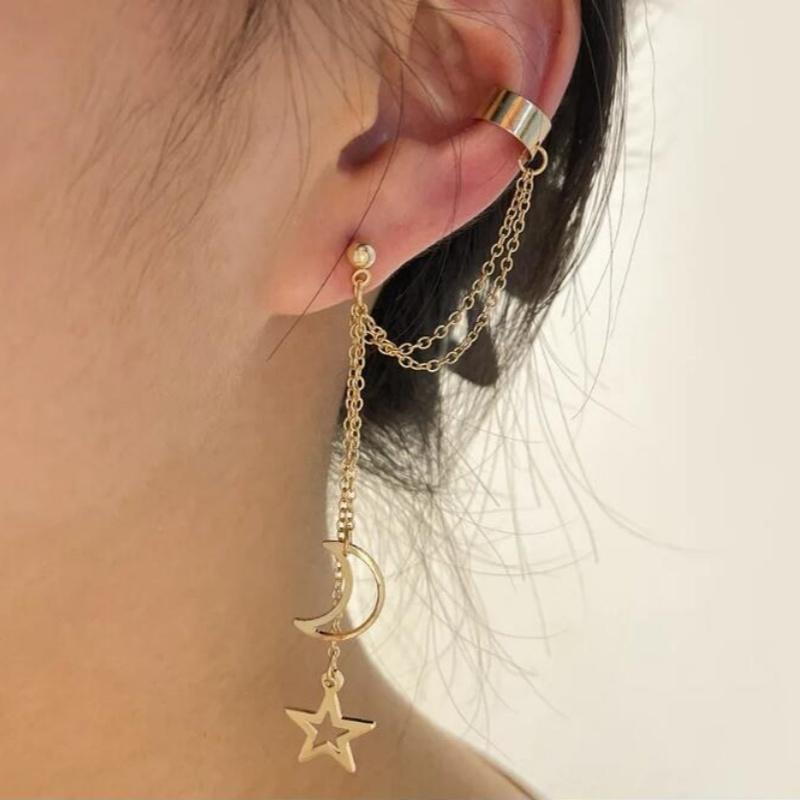 Vintage Pendant Metal Dangle Earrings With Long Chain Ear Clip For Women Silver Color Gold Color Star Moon Earring Jewelry