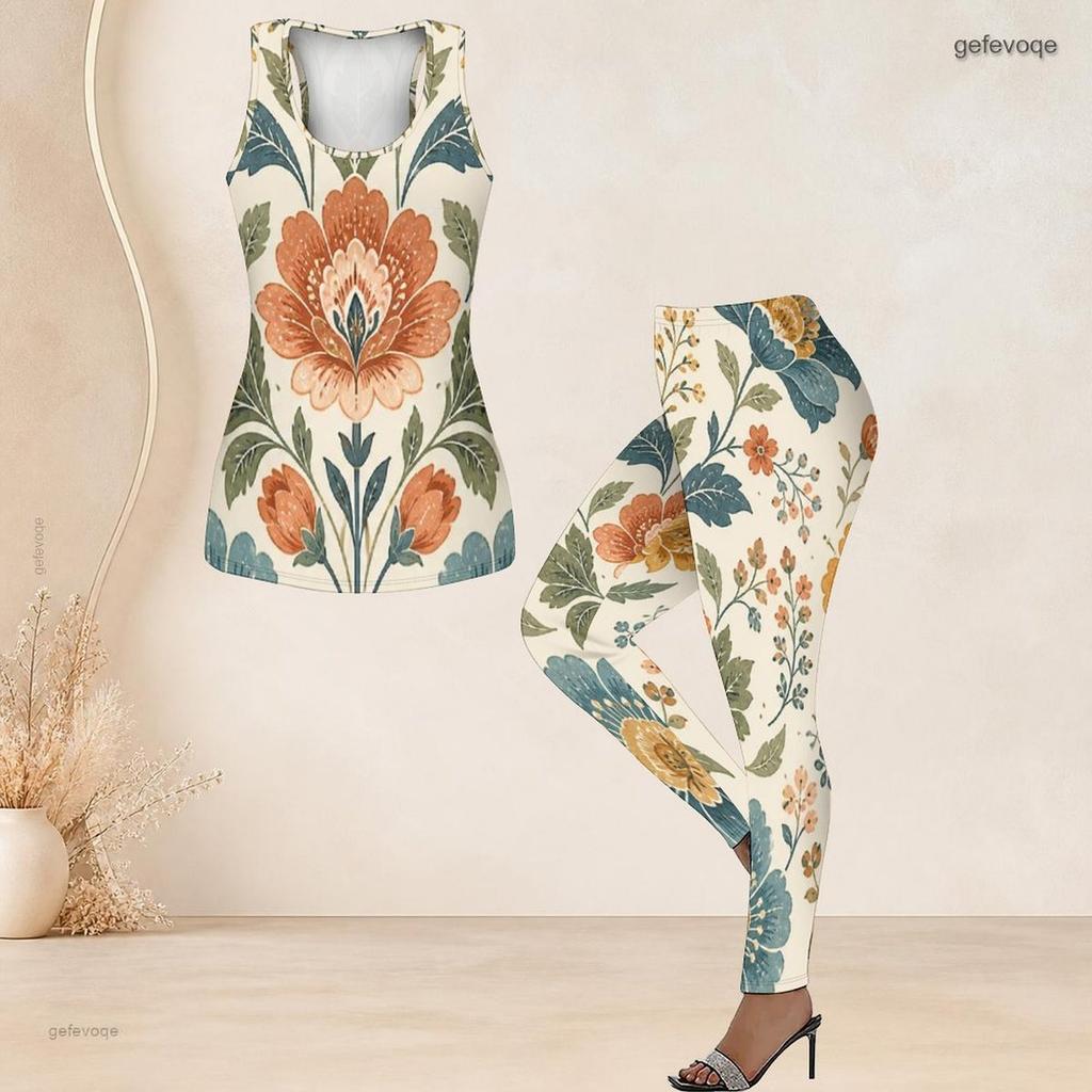 Women Plus Size Two Piece Set Scoop Neck Sleeveless Floral Printed Longline Tank Top Fitted Pants