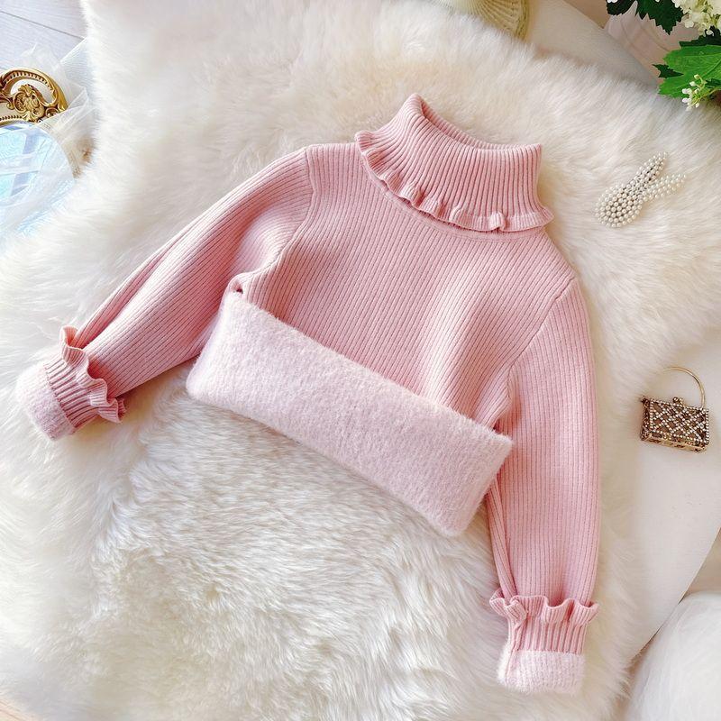 

Свитер для девочек с высоким воротником и кружевным воротником. Зимний цельный бархатный детский однотонный свитер с толстым бархатным свитером. 100