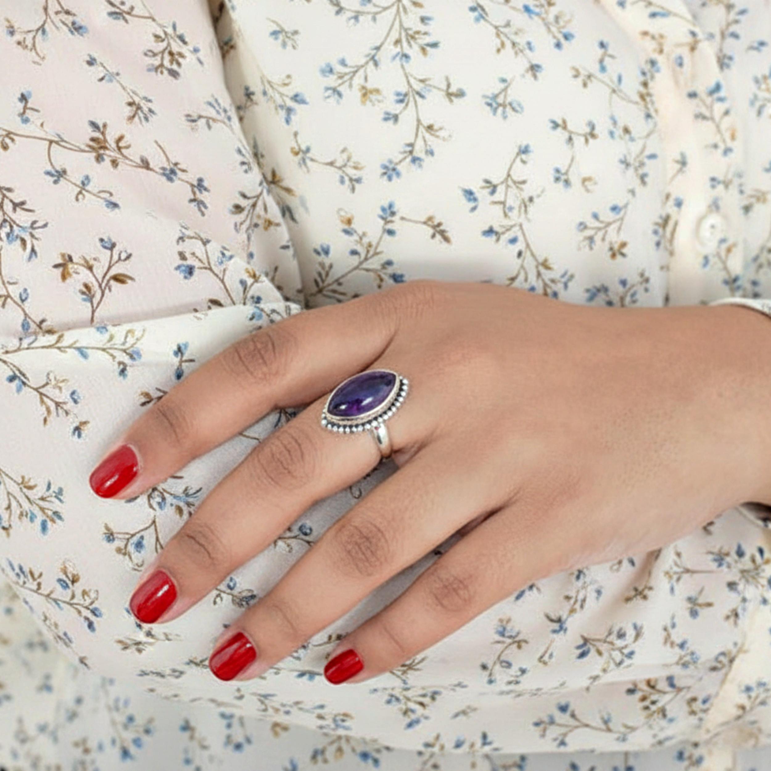 

Фиолетовое Аметистовое Кольцо-Заявление Маркиз, Ювелирные Изделия из Стерлингового Серебра 925 Пробы, Минималистичное Богемное Кольцо для Женщин 12 серебряный