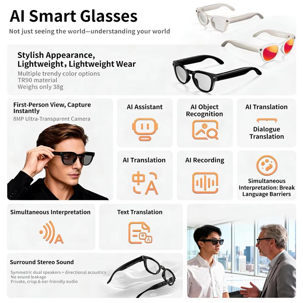 MT3 Smart Glasses 8MP HD Camera Video Recording AI Translation Voice Assistant TR90 Ultralight Bluetooth Call Music Smart Eyewear USB Charging Unisex