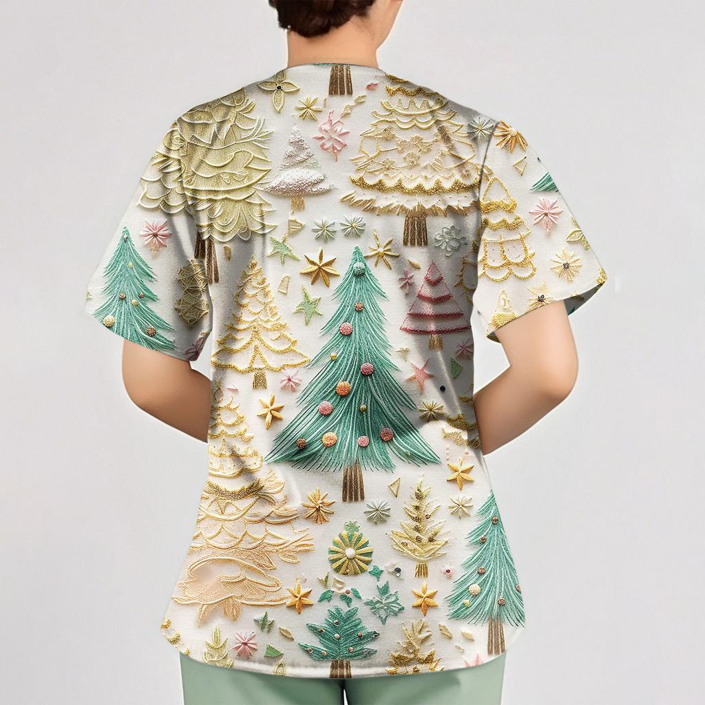 Women's Christmas Print Loose V-Neck Pocket Short-Sleeved Uniform