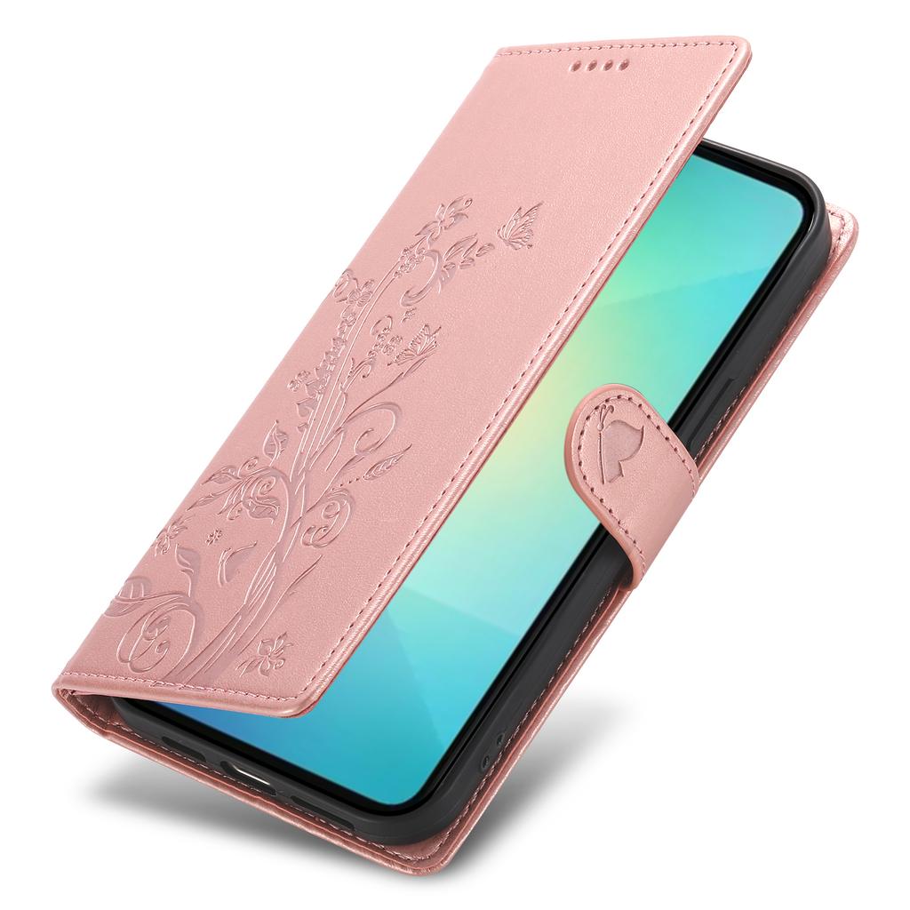 For Samsung Galaxy A06 5G/4G Wallet Case Butterfly Floral Imprint PU Leather Phone Cover with Wrist Strap