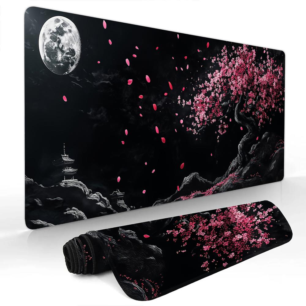 Kirschblüten und Vollmond Mauspads Gaming-Matte Rutschfest Langlebige Schreibtischmatte Mauspads Mit Genähtem Rand HD-Druck Büromatte