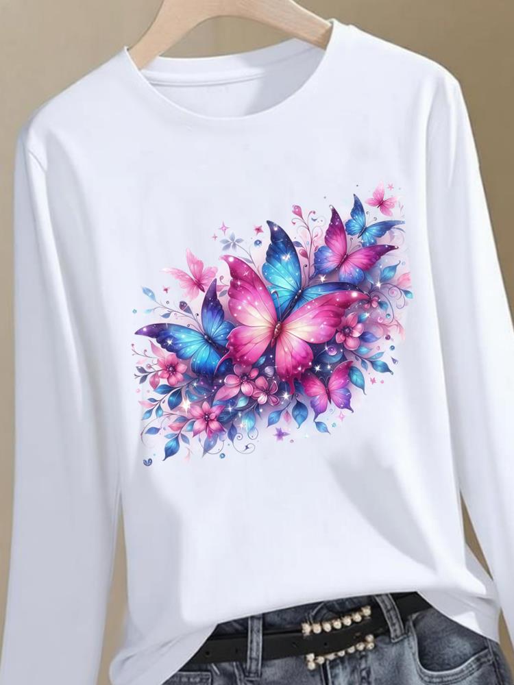 (Asian Size) butterfly style cute Graphic Tee o-neck Print T Shirt Casual Clothing Women autumn winter spring Fashion Top Long Sleeve T-shirts