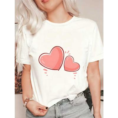 Damen Kurzarm T-Shirt mit süßem rosa Doppelherz Cartoon-Print