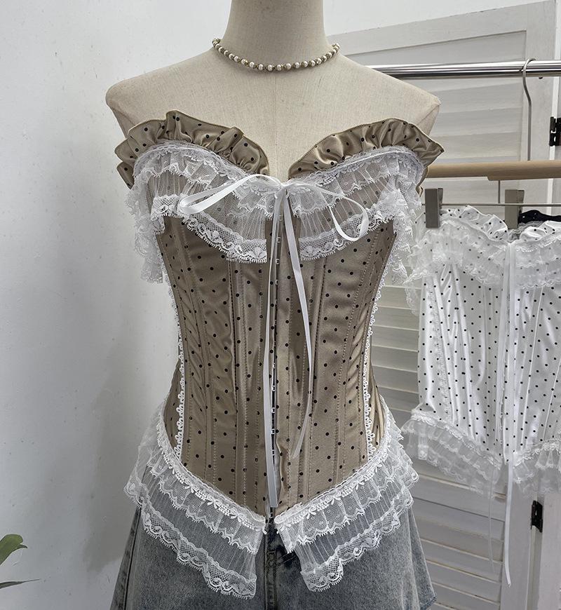 Retro Polka Dot Strapless Lace Trim Crop Top 