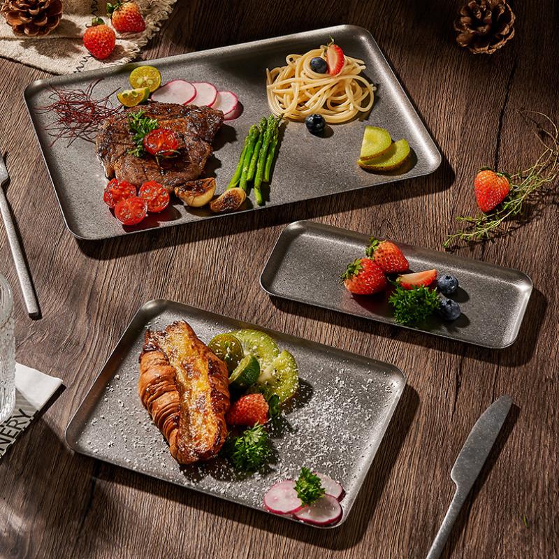 Vintage 304 Stainless Steel Snowflake Silver Square Tray Round Edge Dinner Plate Dessert Grill Tray Steak Plate Decorative Tray