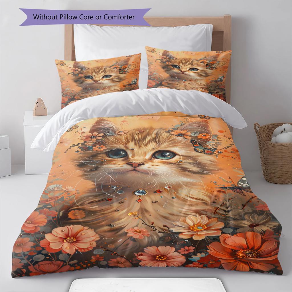 Orange Cat Pattern Bedding Quilt Set Quilt Cover Pillowcase Home Decoration Gift (1 * Duvet Cover + 2 * Pillowcase, Without Core)