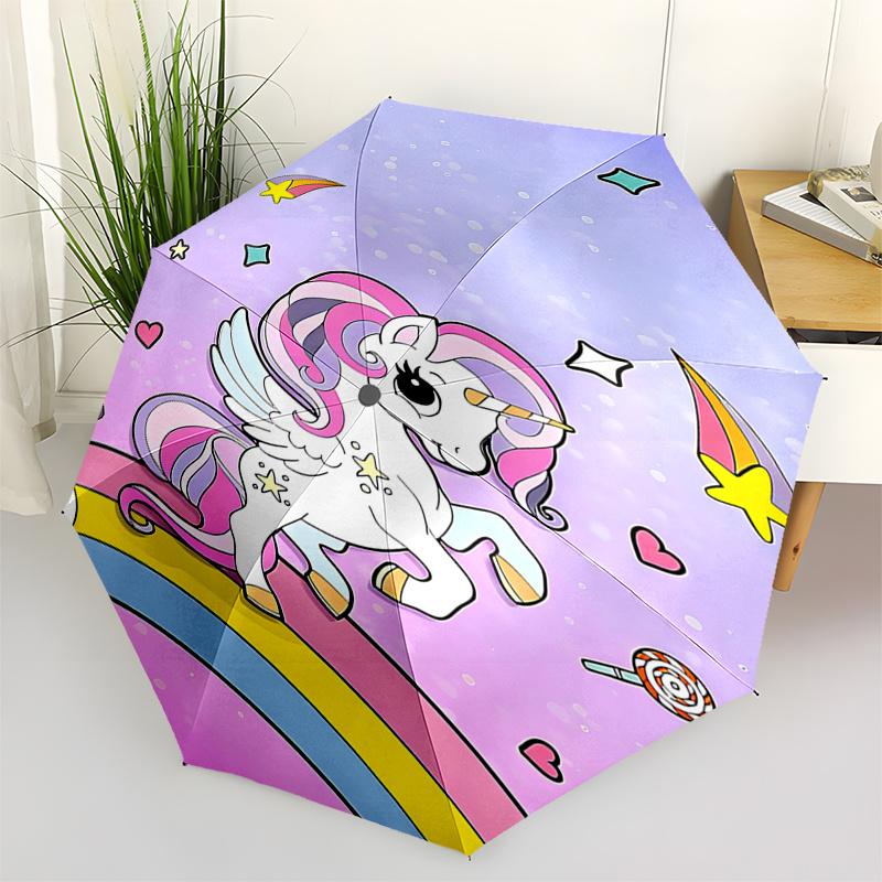 Unicorn Rainbow Automatic Opening/Closing Umbrella - Portable 3-Fold Design with 8-Bone Iron Frame, Perfect for Festivals and Everyday Use,