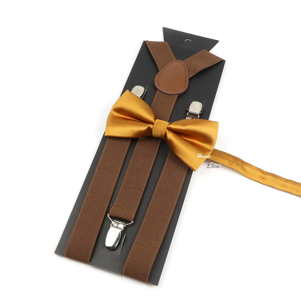 Men Kids Yellow Khaki Brown Suspender Bowtie Set Elastic Adjustable Y-Back Braces Straps Daily Father-Child Braces Accessory