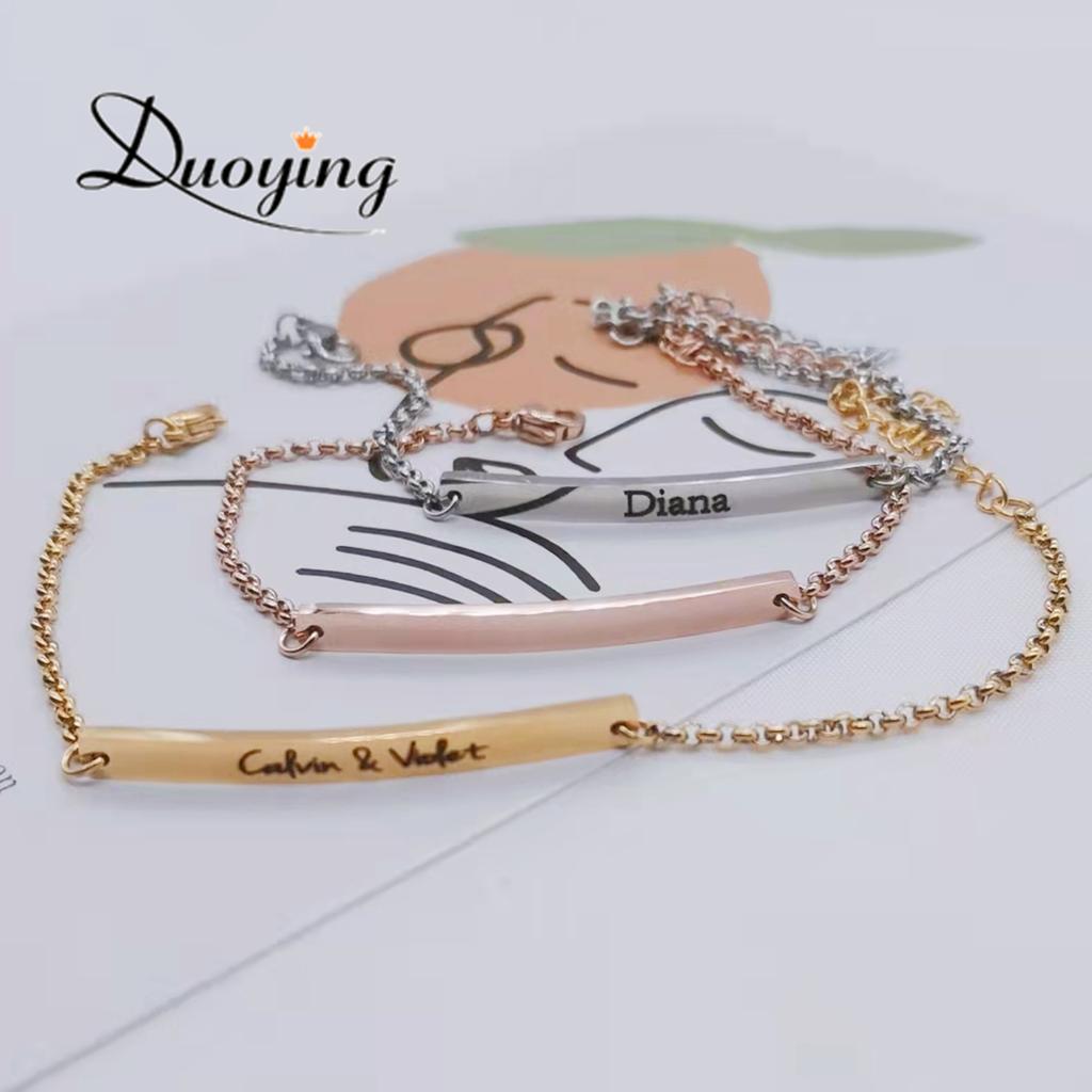 Qiuhan Stainless Steel Men's Classic Geometric Gold Plated Personalized Engraved Name Chain Link Bar Bracelet for