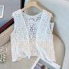 Summer Women Retro Hollow Embroidery Casual Loose Sleeveless Knitted Cardigan Vest