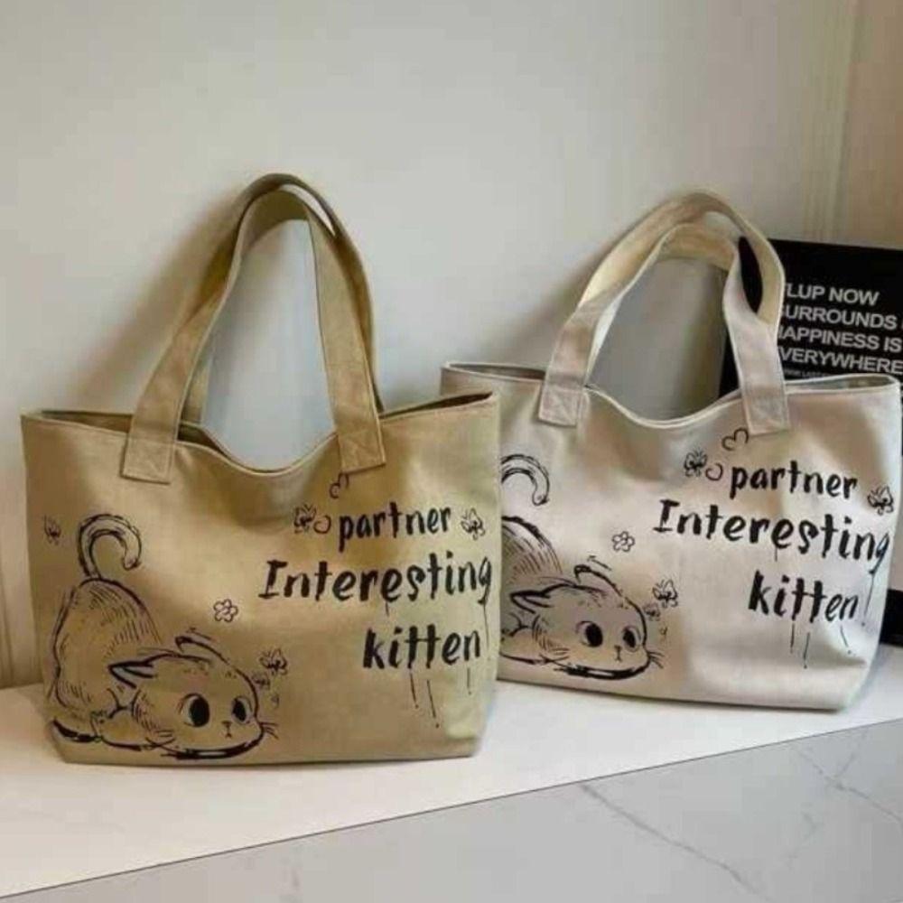 Fashion Cute Cat Tote Bag Large Capaci Canvas Shoulder Bag Casual Commuting Bag Women's Handbag Student