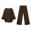 Linen Blend Kimono Cross Outwear 6078572 Retro Brown Elegant Wide Leg Pants 5057572
