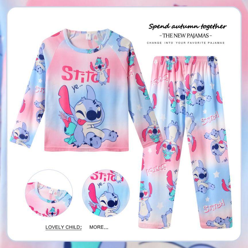 Disney Minnie Stitch Children's Home Clothing Set Children's Long Sleeve Pajamas Cute Design Lightweight and Comfortable Fabric Pajama Set