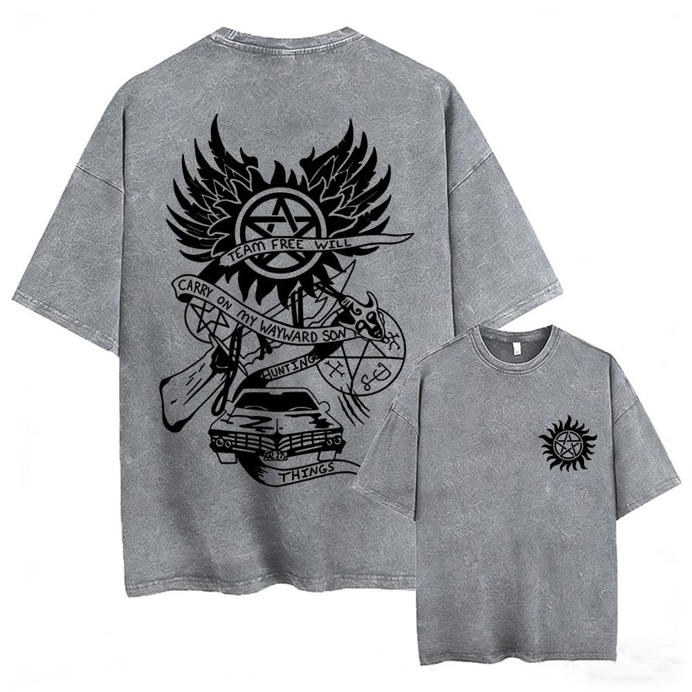Hot Sale Supernatural Vintage Washed T-shirt Men Women Casual Retro Cotton T Shirts Unisex Casual Oversized T-shirts Streetwear