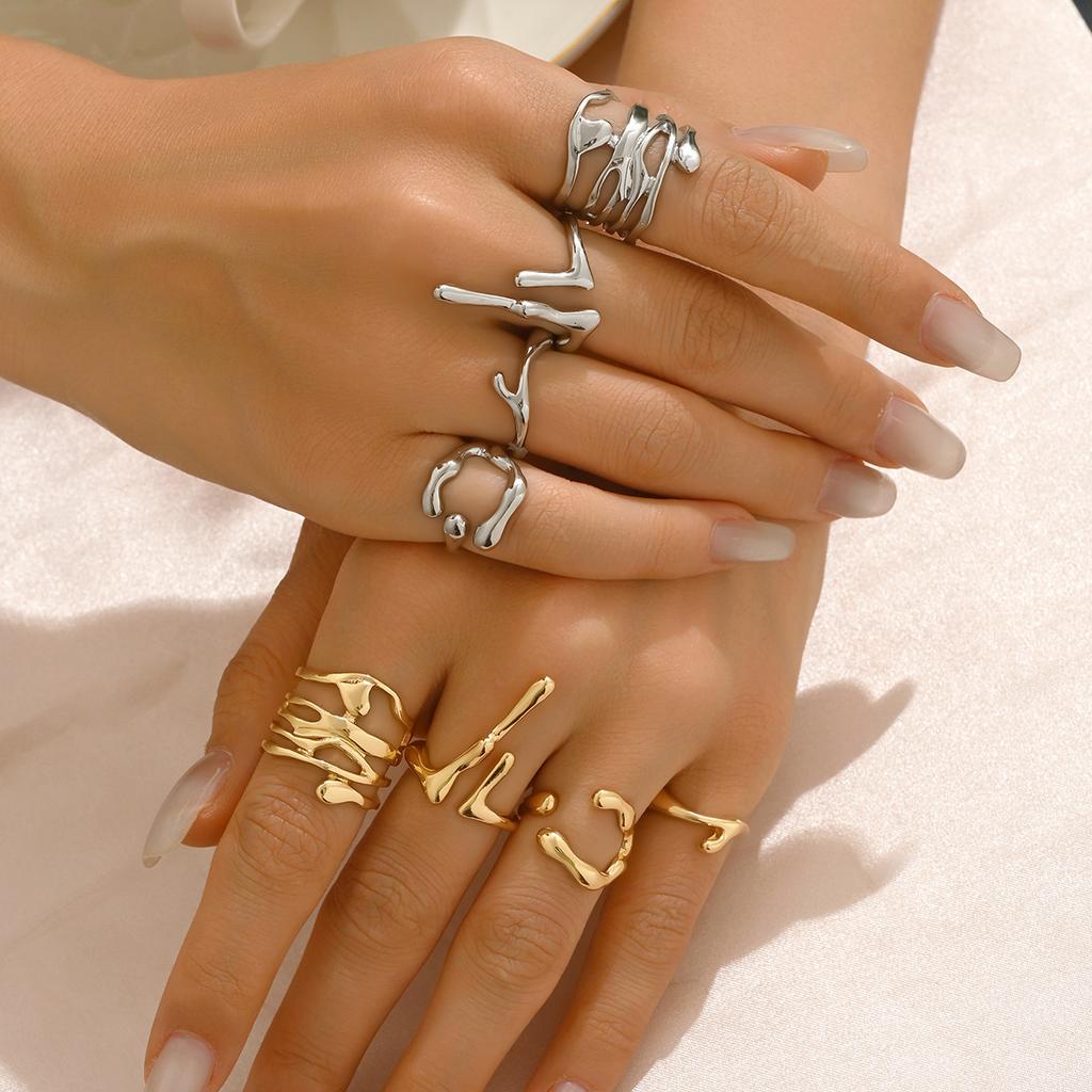 Wind jewelry geometric irregular lava design open ring set versatile high sense ring women