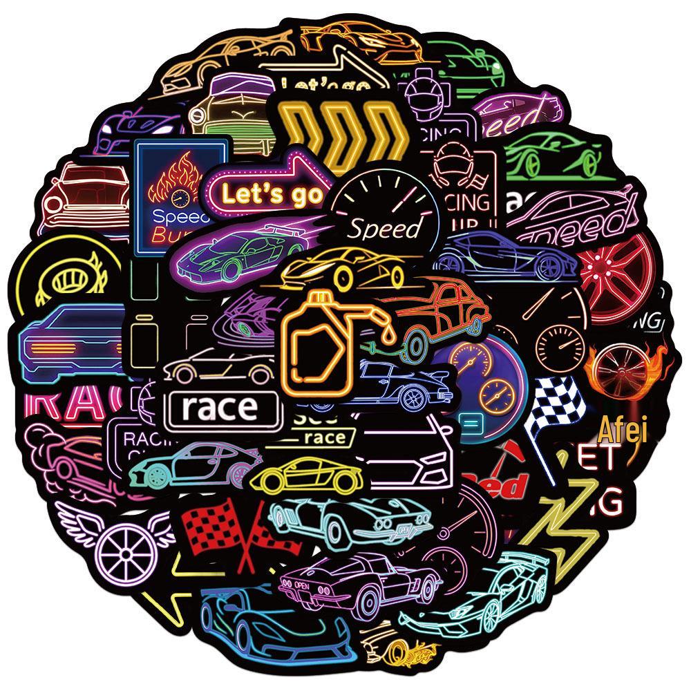 

50 Neon Racing Car Cartoon Stickers Set for DIY Phone Case & Laptop Decoration