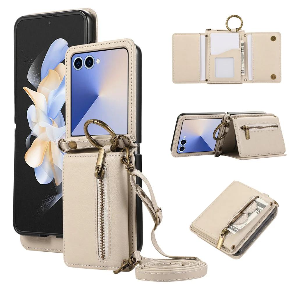 Leather Phone Case with Crossbody Ring and Card Holder for Samsung Galaxy Z Flip 7 6 5 4 3 Flip7 FE Flip6 5G Protective Cover