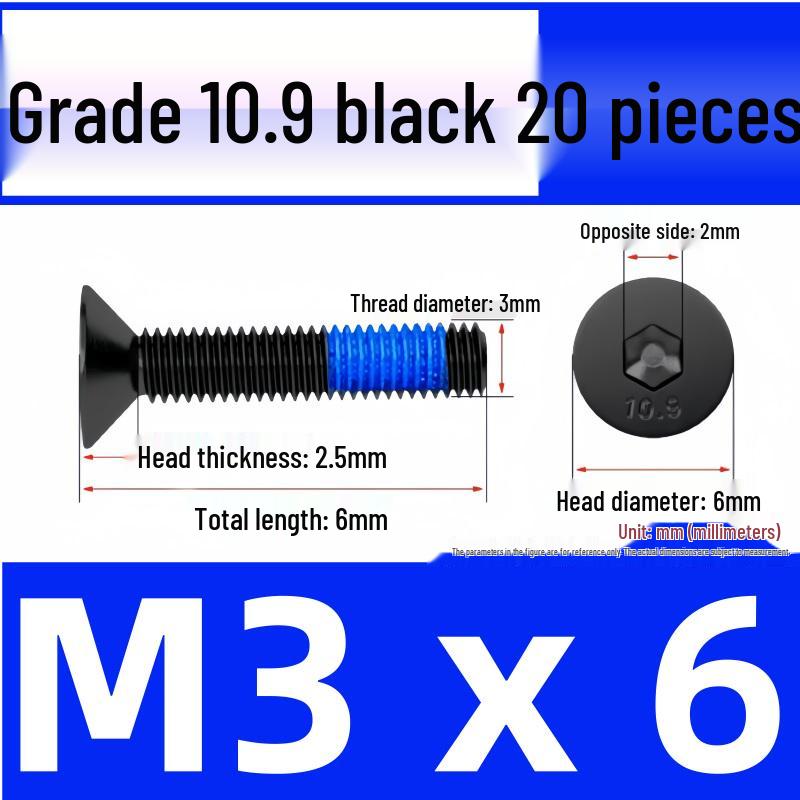 Black Anti-Slip Flat Cup Screw with Adhesive Blue Glue, Countersunk Hexagon Socket, Available in M2-M8 Sizes