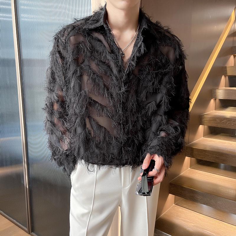 

Mens Fuzzy Feather Pattern Long Sleeve Shirt Sheer Button Down Shirt for Party and Streetwear 2XL чорний
