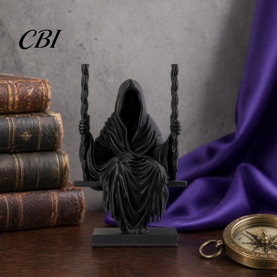 Dark Gothic Decor 3D Printed Sitting Reaper Statue, Faceless Man In Black Robe On Figurine Swing Figurine, Cloak Sculpture Ornament, Style Decoration