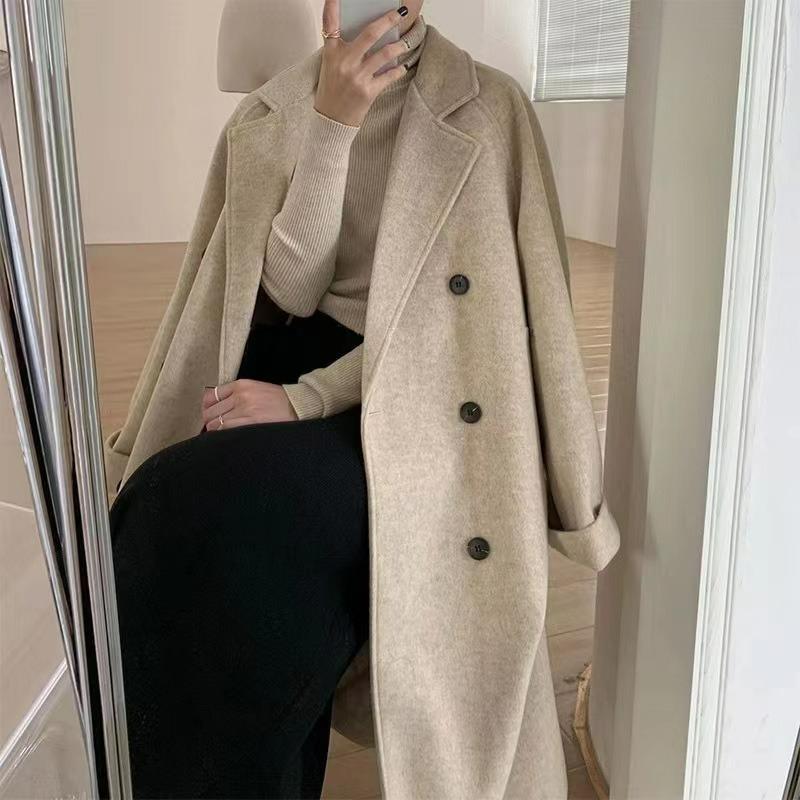 Cappotto di Lana da Donna Lunghezza Media Autunno e Inverno Stile Hepburn Temperamento Piccolo Largo Spesso Cappotto di Lana