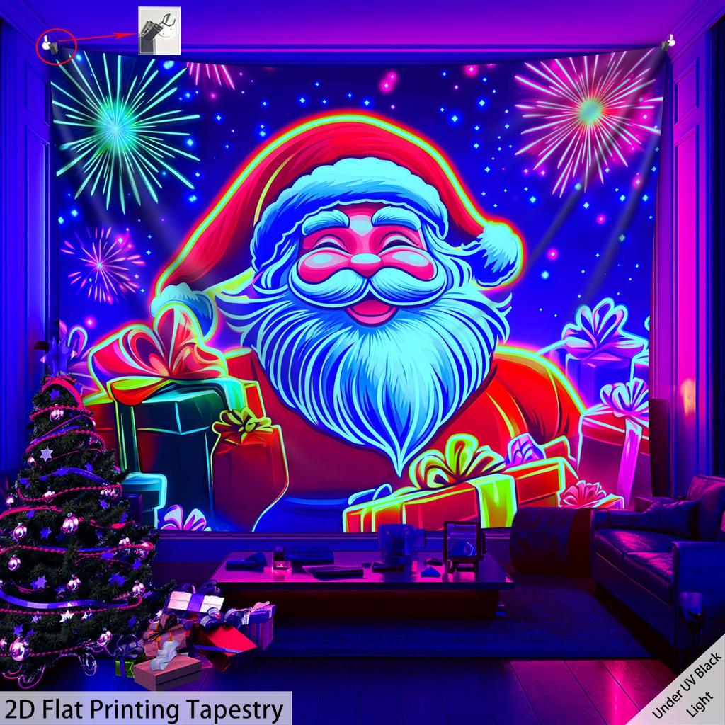 Christmas Santa Claus Fluorescent Tapestry Outer Space UV BlackLight Tapestry, Wall Hanging For Living Room Bedroom Office Home Decor