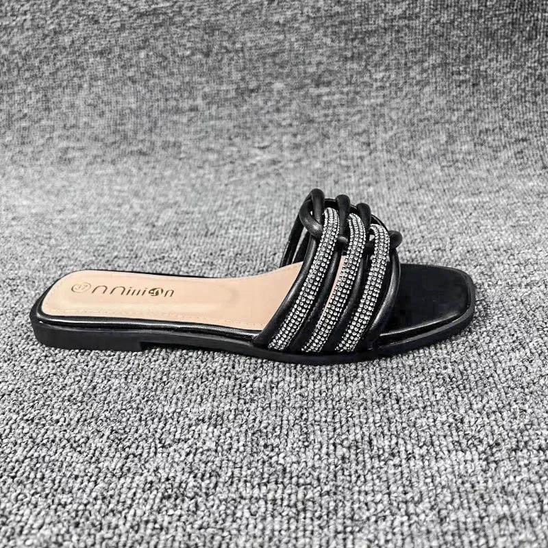 New Crystal Stone Stripes Slippers for Women Shoes Fashion Luxury Designer Flat Slides Rhinestone Sandals Chaussure Femme