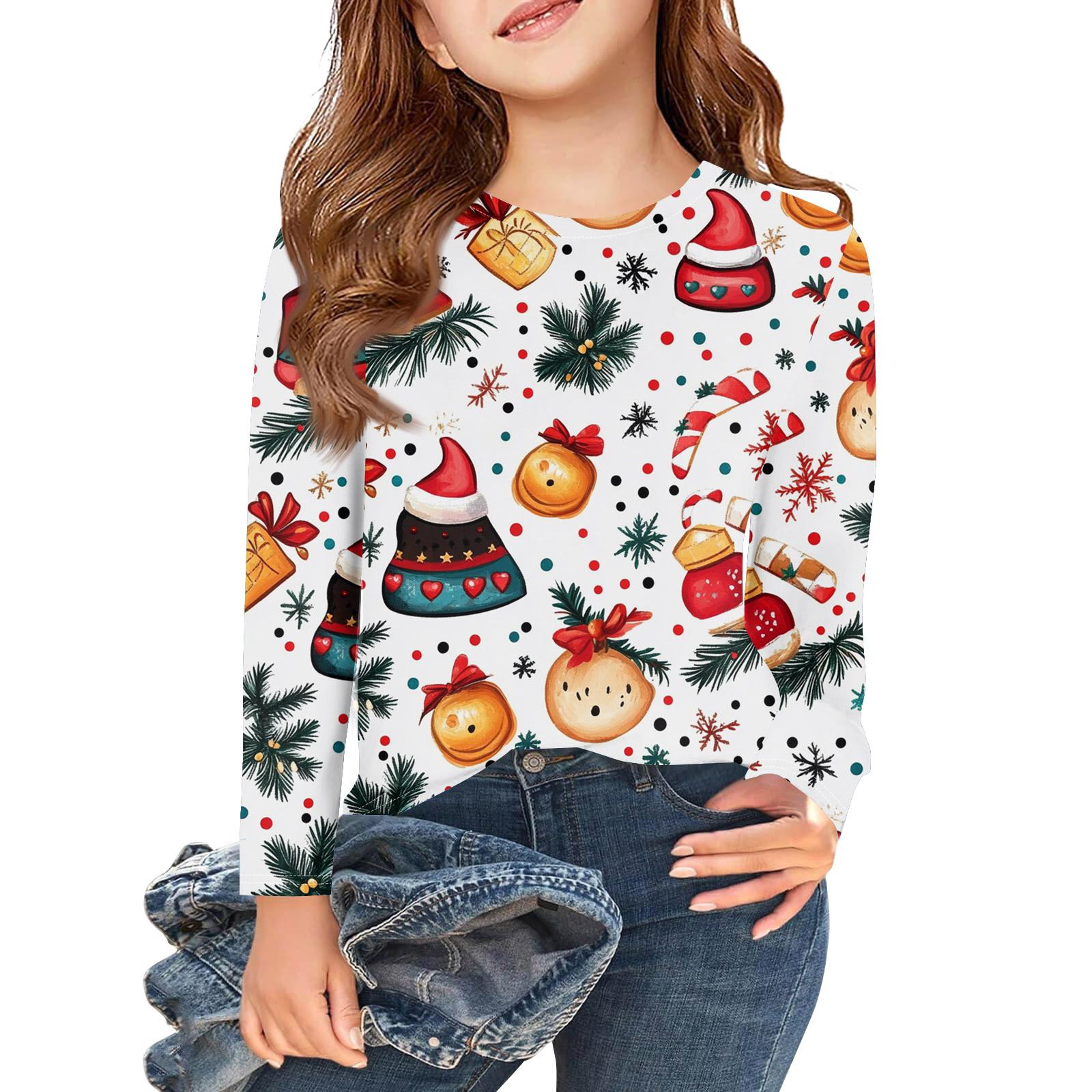 

Рождественские футболки с длинным рукавом для девочек, детские осенние топы с круглым вырезом и принтом, базовые футболки 160