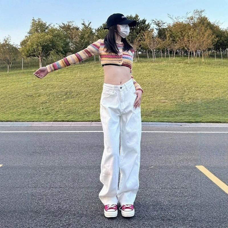 White High-Waisted Wide Leg Jeans Women Loose Straight Cut Slimming Flowy Denim Pants