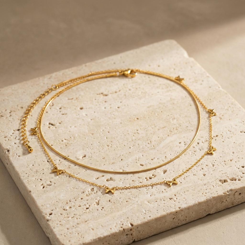 Fashion Women'S Necklace, Stainless Steel Bow Round Snake Chain Double Layer Stacked Necklace Nc-2524