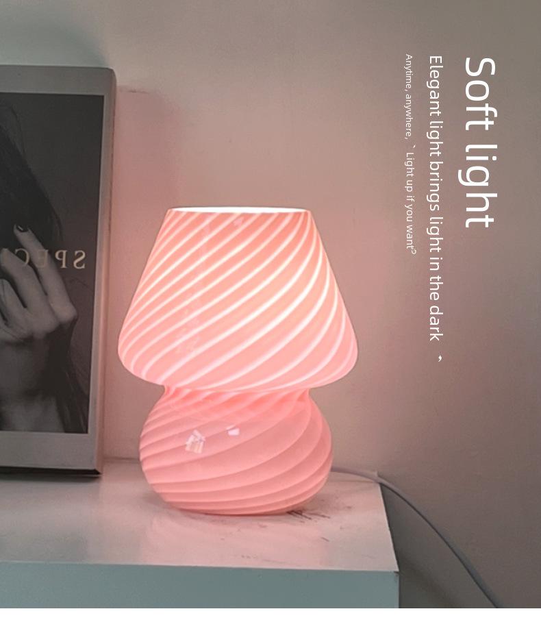 American Medieval Vintage Striped Glass Mushroom Table Lamp with USB - Retro Bedside Night Light