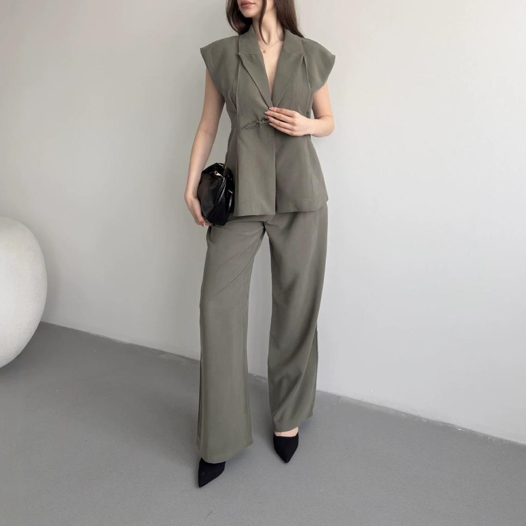 European and American women's clothing new V-neck drawstring waist slim top high waist wide leg pants commuter suit