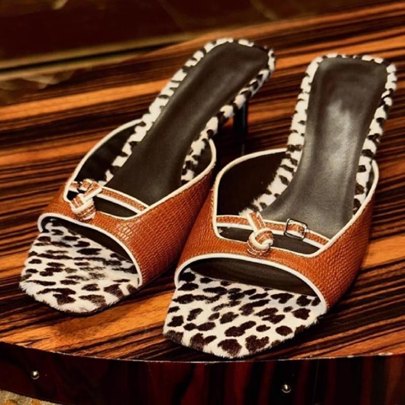 Fashion Sexy Leopard Kitten Heel Slippers Women Fashion Square Toe Buckle Slide Sandals Luxury Designer Brand Sandals Zapatos Para Mujer