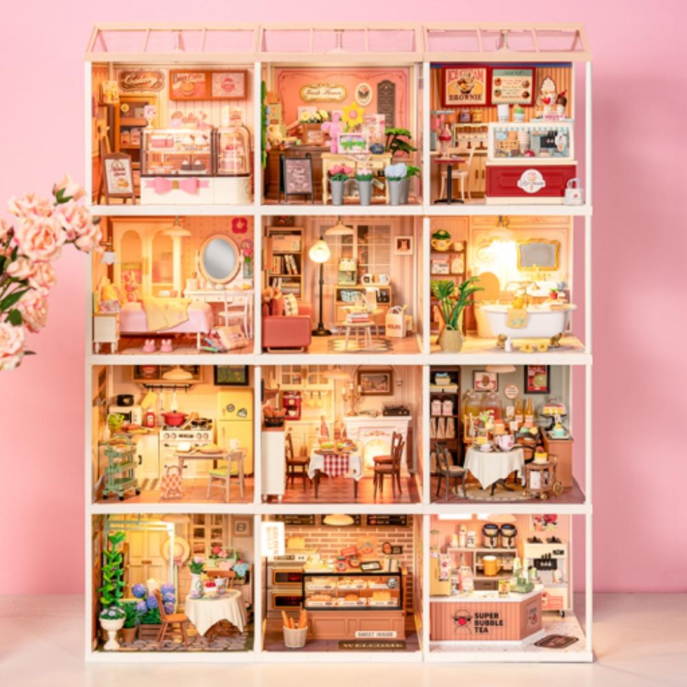 Robotime Rolife Lovely Pink Bedroom Plastic House Building Set Toy DIY Miniature Dollhouse Playset with LED for Teens Adults DW0
