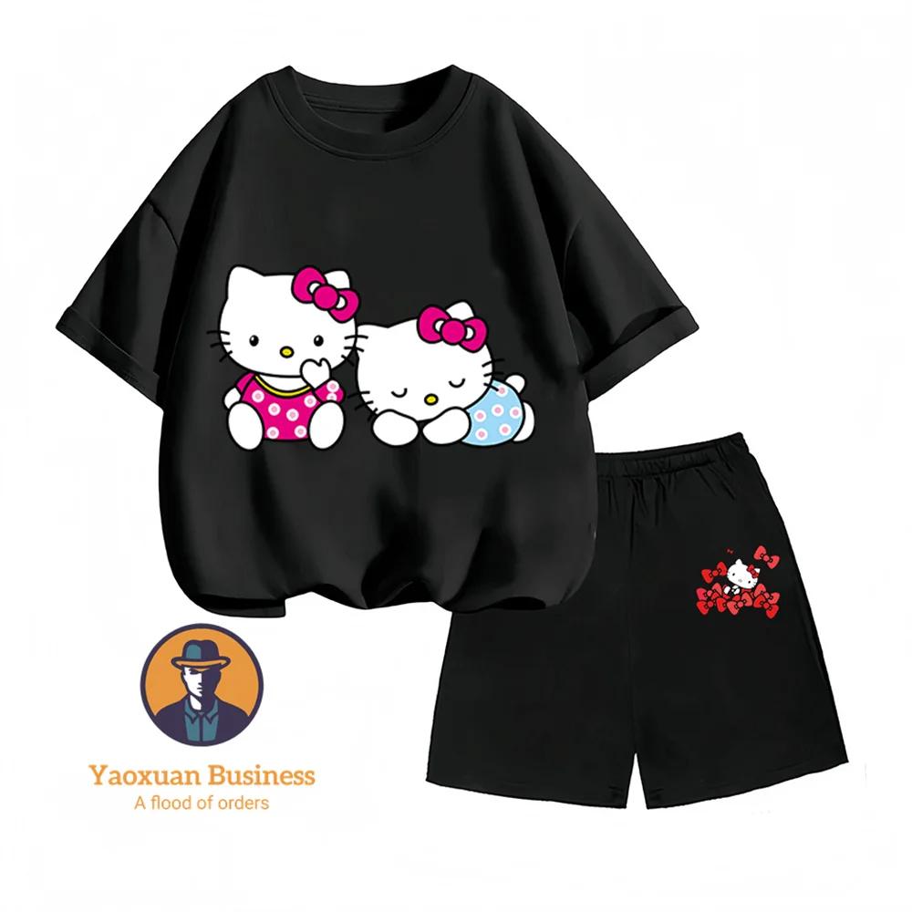 Loose and comfortable Hello Kitty cartoon crew neck two-piece summer set for kids