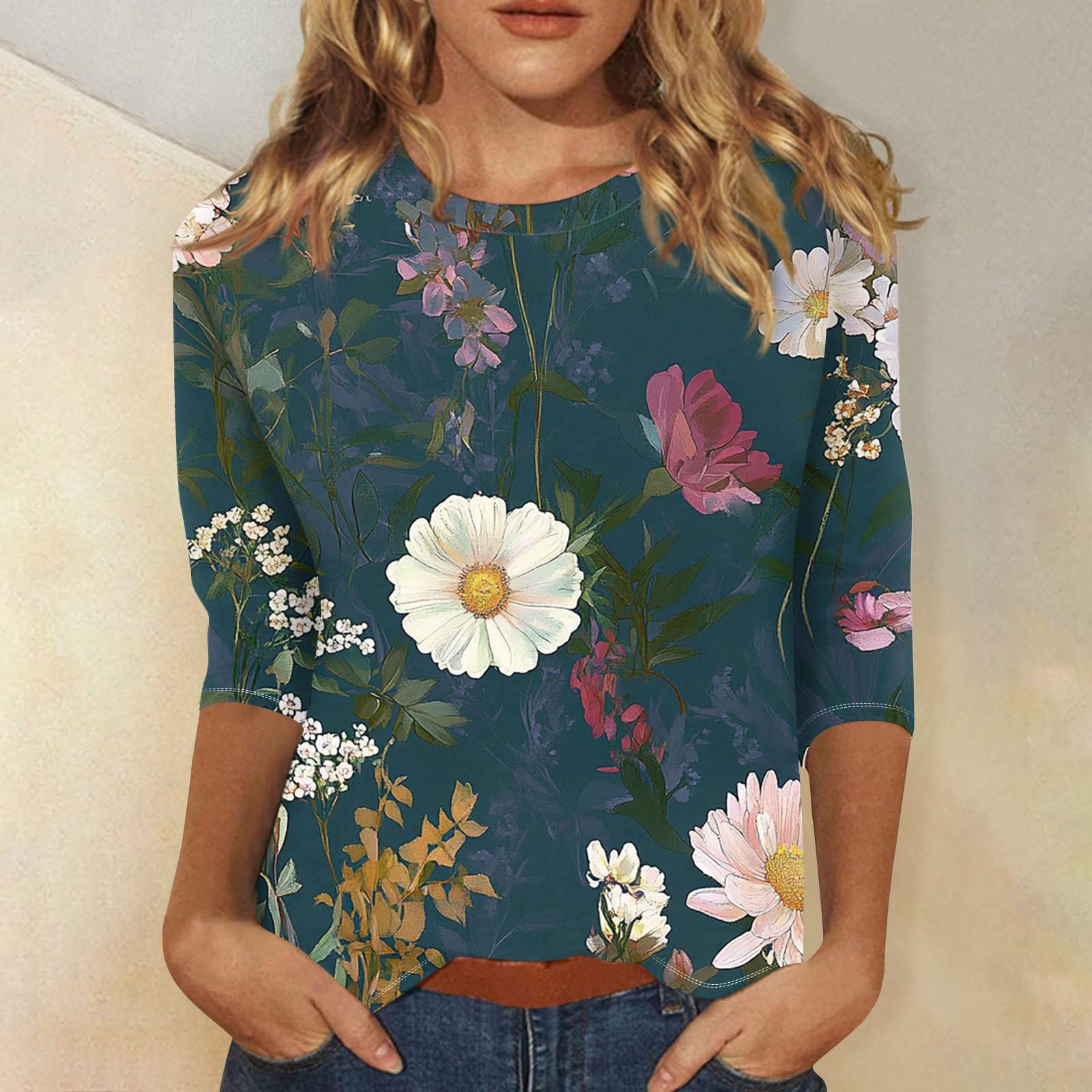 

Женская мода повседневный топ с рукавом три четверти с цветочным принтом и круглым вырезом M