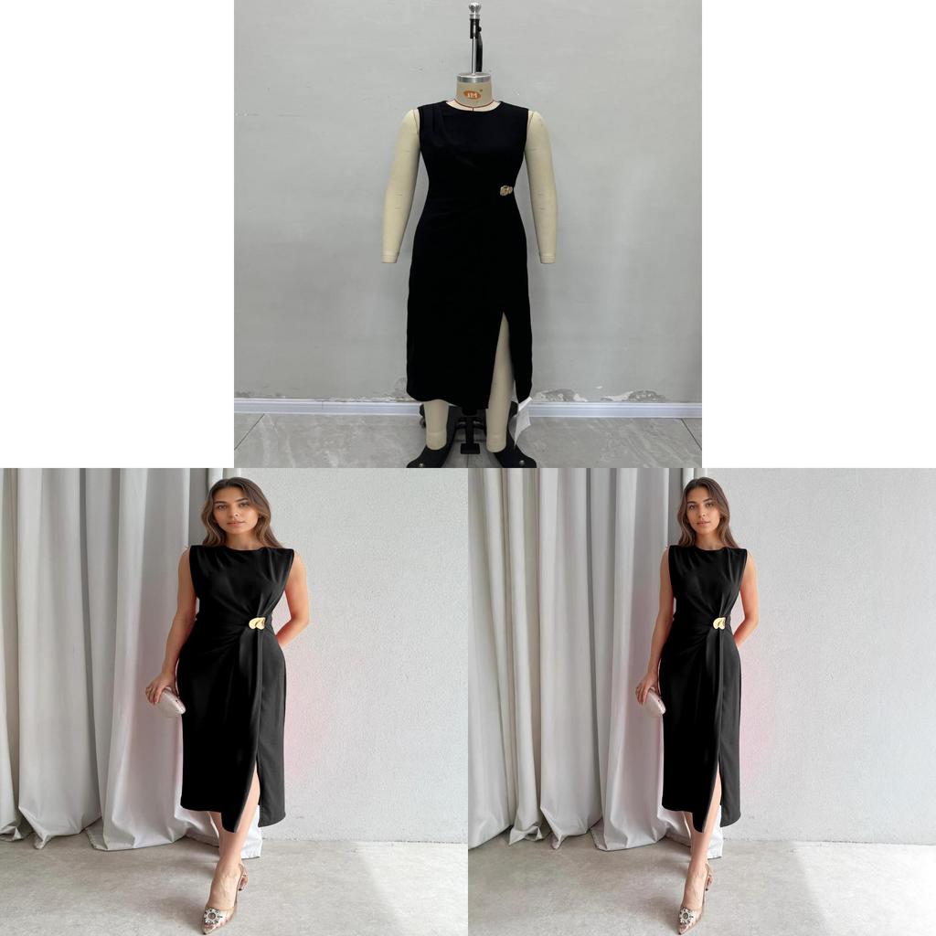 Elegant Black Sleeveless Knit Dress With High Waist For Office And Casual Wear
