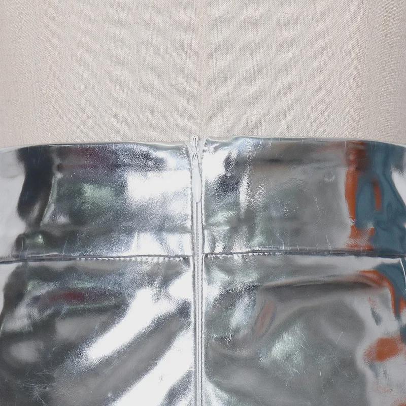 2025 Summer High Waist Zippered Pleated Silver PU Shorts for Women