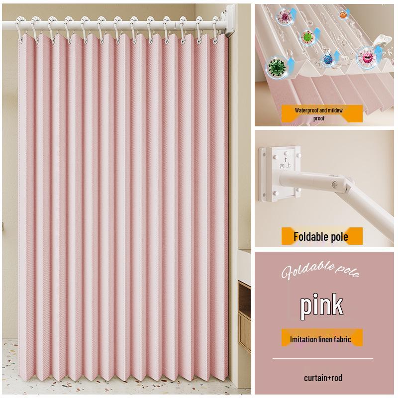 Durable Linen-Like Folding Shower Curtain with Telescopic Rod for Bathroom Optimization