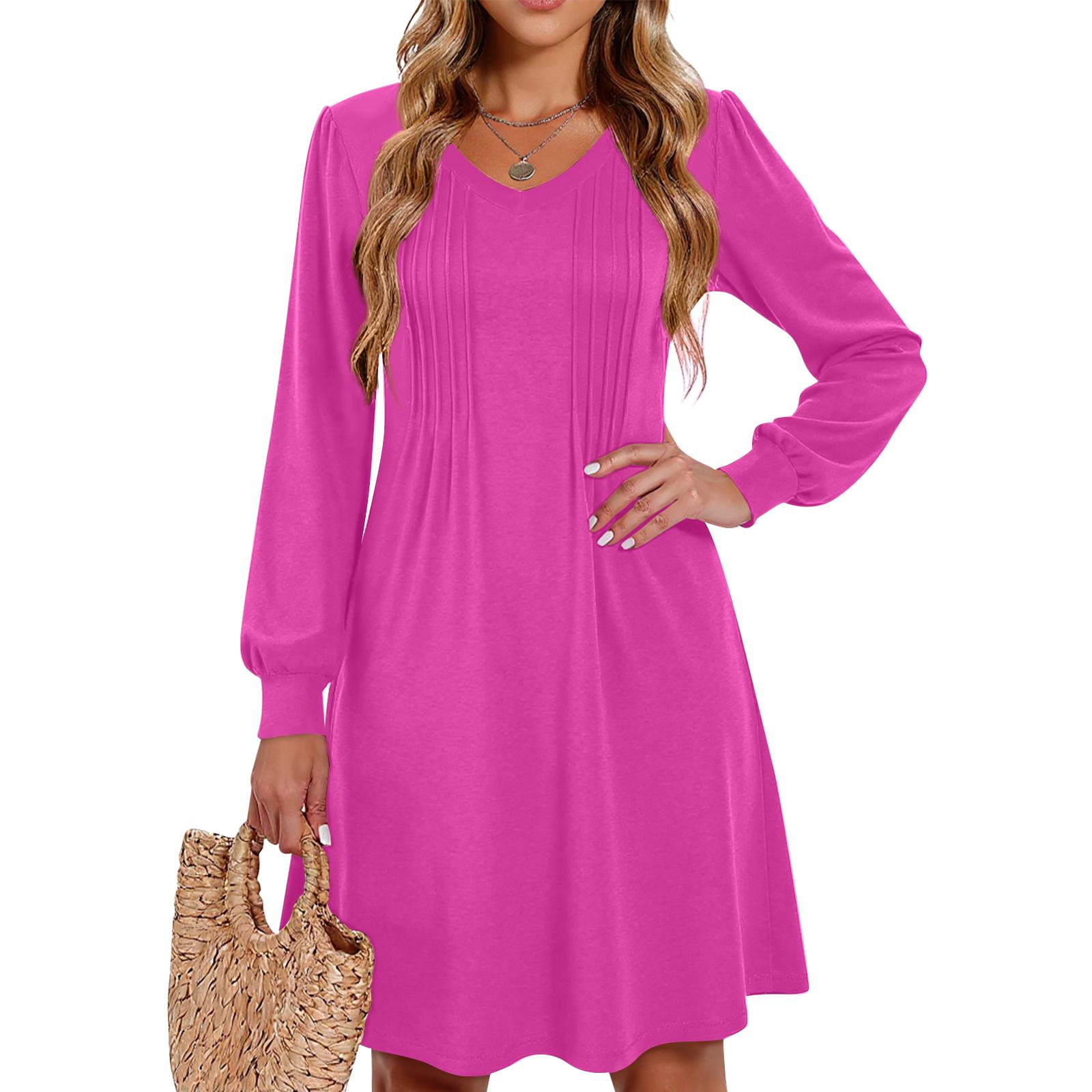 

Women s Solid Color Casual Fashion V-neck Long Sleeved Mid Length Dress S