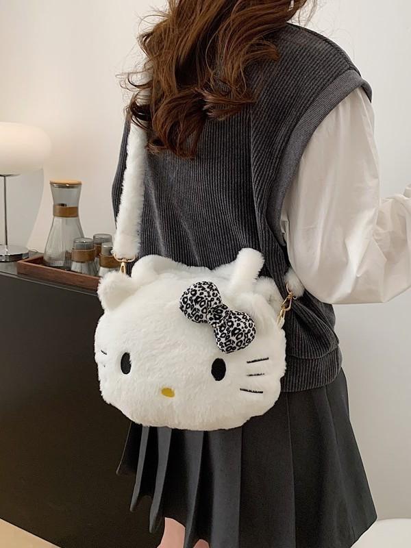 Borsa a tracolla rotonda in peluche Hello Kitty a cartoni animati con cerniera per bambine